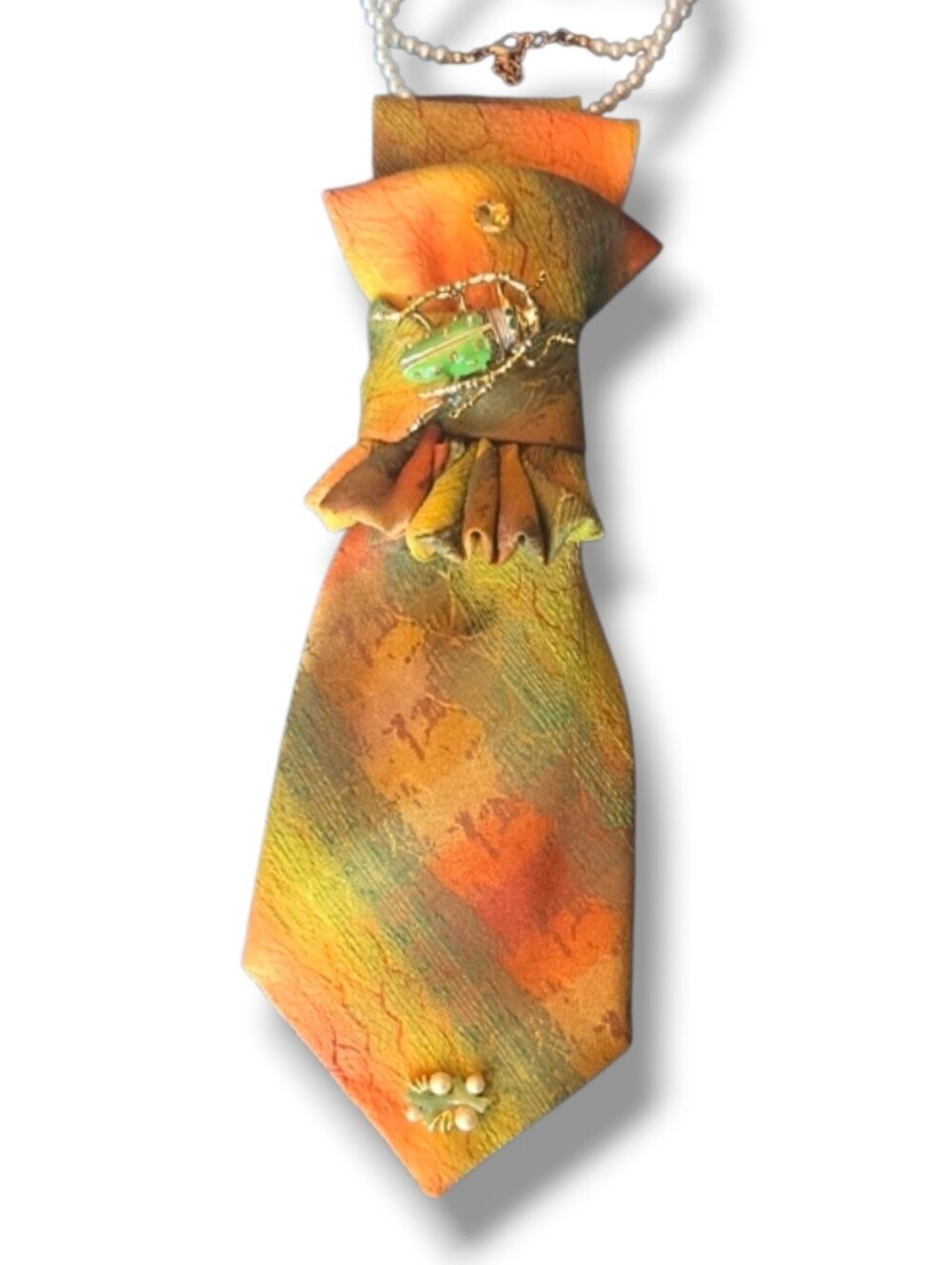 3/$60 Vintage Orange Green Cravat with Green Beetle Brooch Detail